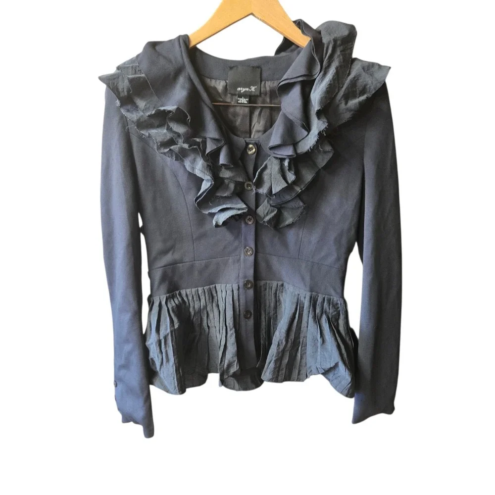 Aryn K. Button Up Blazer Ruffled Structured Large Gray - Picture 2 of 4